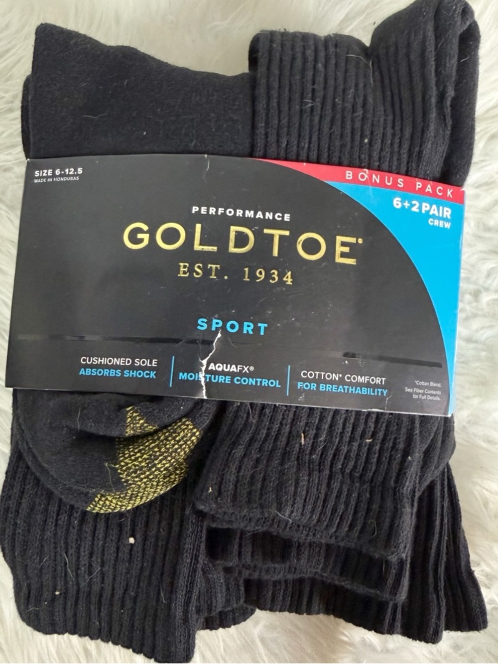 Gold Toe Performance Sport Crew Socks Black 8 Pair Pack Size 6-12.5